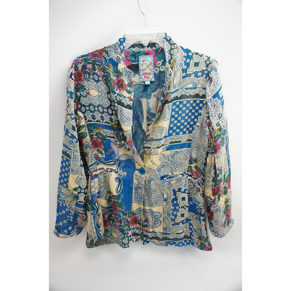 Vintage Johnny Was Blazer XS Multicolor Paisley Floral Patchwork Silk Blend EUC